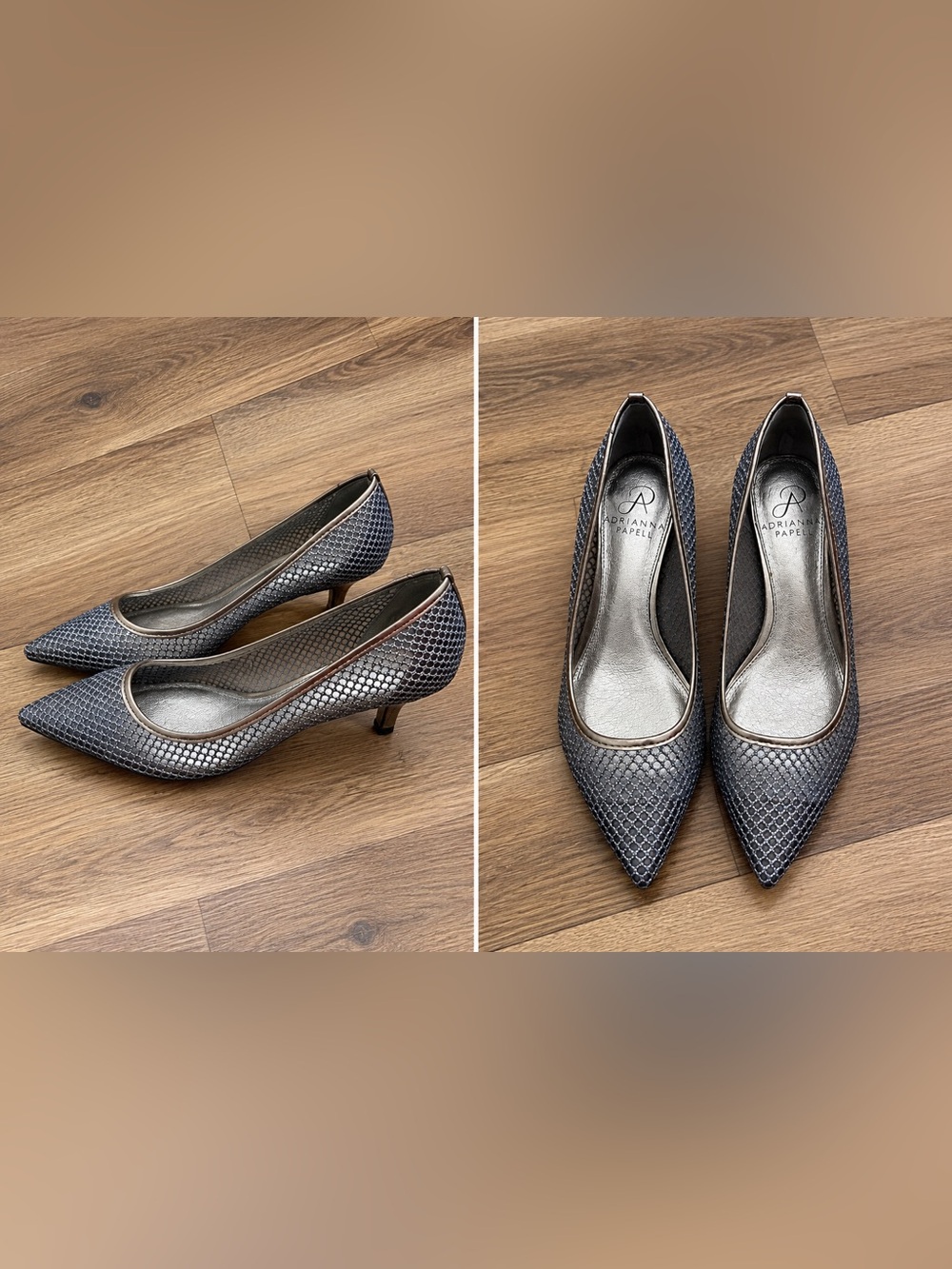 Adrianna Papell Gunmetal Metallic Mesh Pointed Toe Pumps Heels